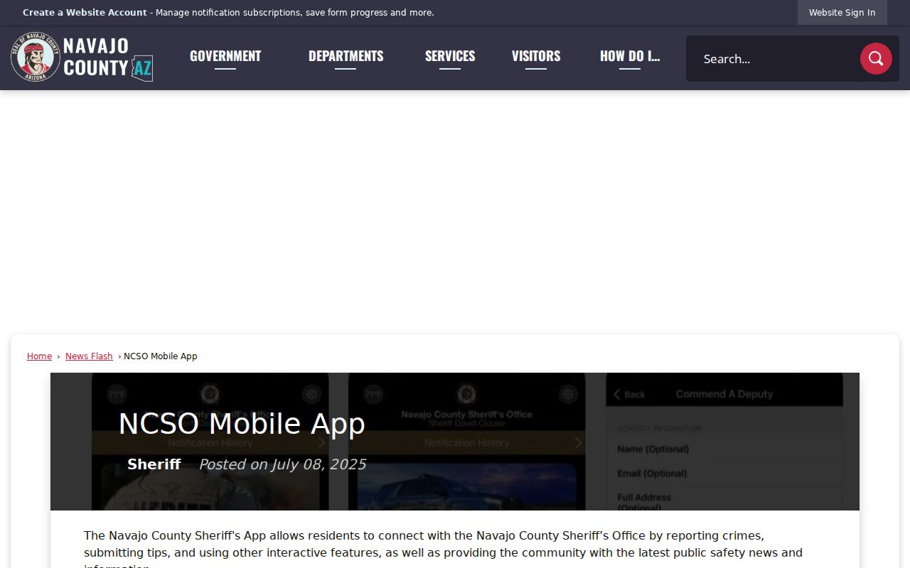 Navajo County Sheriff mobile app notice describing reports tips and public safety news