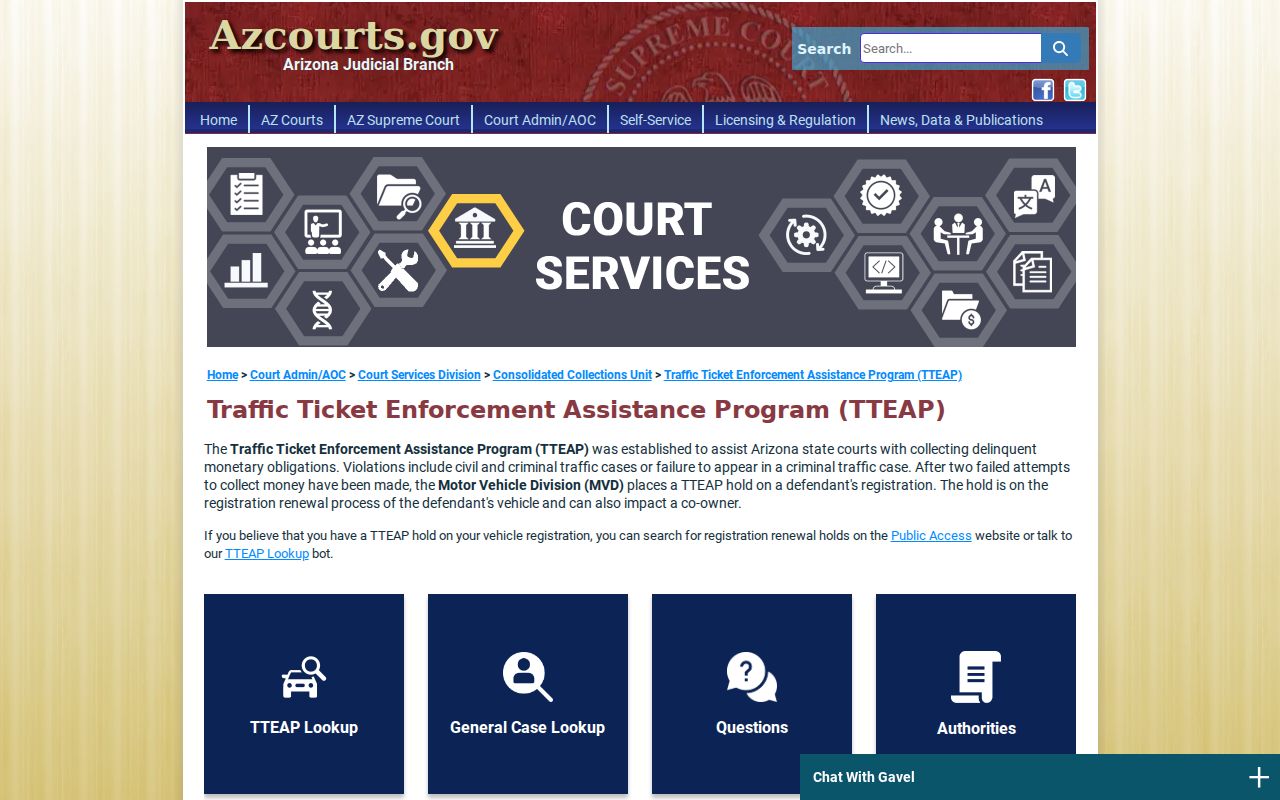Arizona TTEAP registration hold information for Navajo County traffic cases