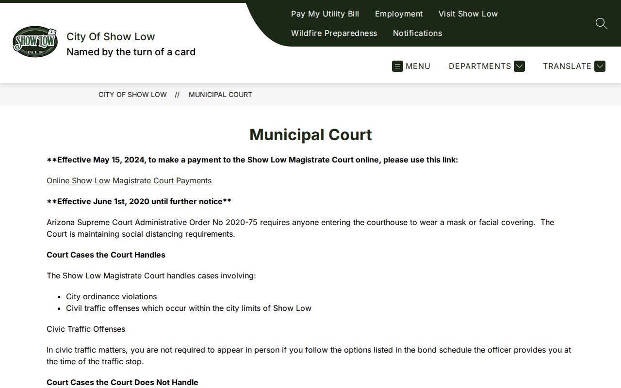 Show Low Municipal Court jurisdiction panel for Navajo County traffic cases
