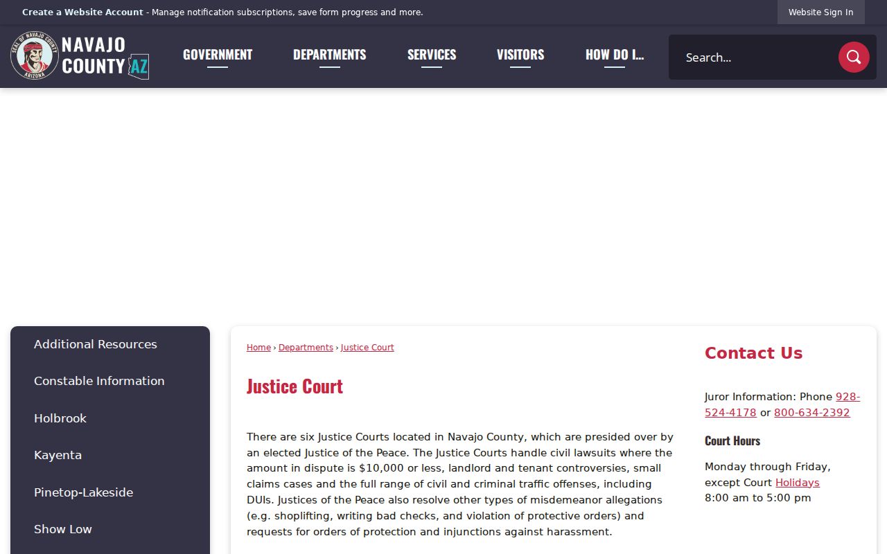 Navajo County Justice Court official landing page